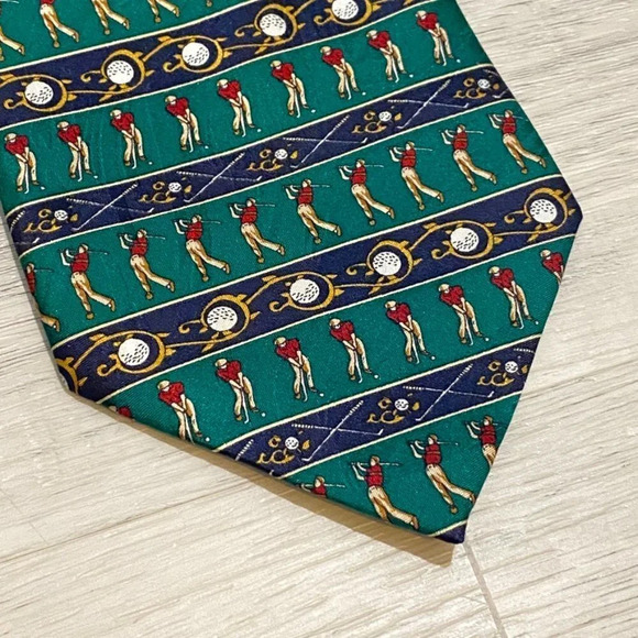 Golf Neck Tie Handmade 100% Silk - Green and Blue Novelty Tie - Picture 2 of 5